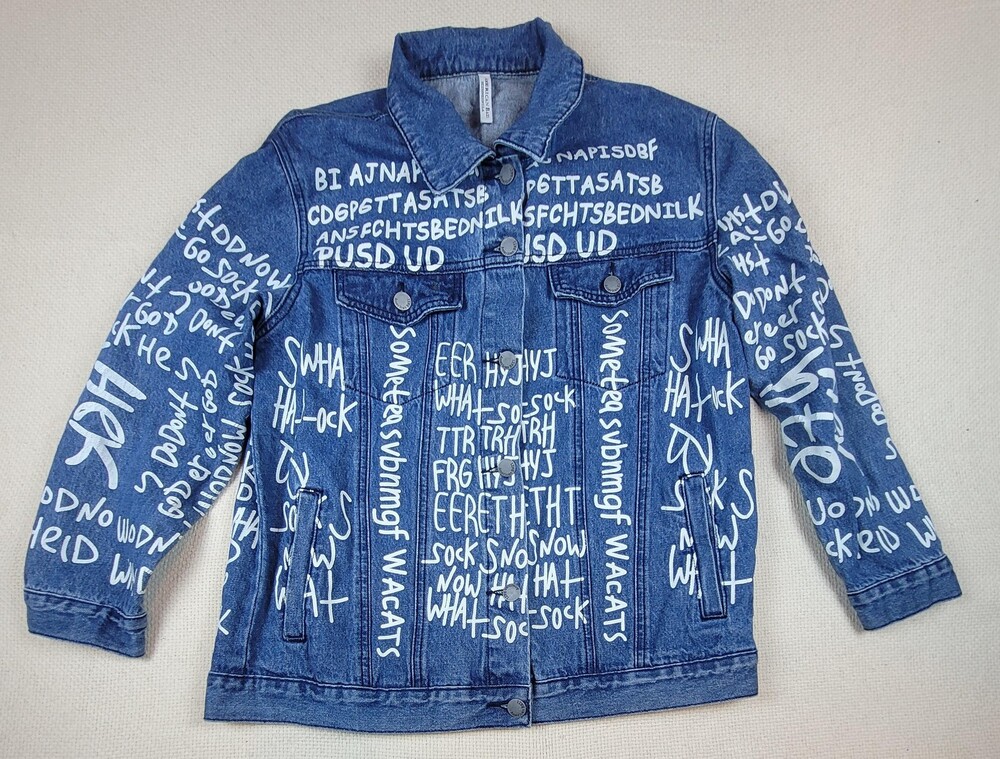American Bazi Jacket Womens S Blue Denim Destroyed Letters Button Up Streetwear